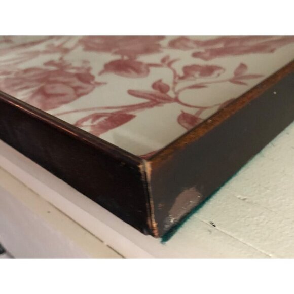 Wood Frame Antique Vintage Glass Serving Tray Red Flower Pattern Print - Picture 7 of 15